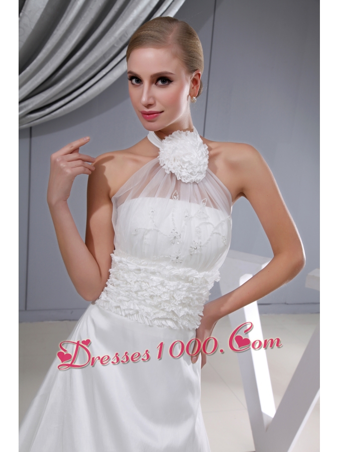 Beading Hand Made Flower Halter Chapel Train Wedding Dress