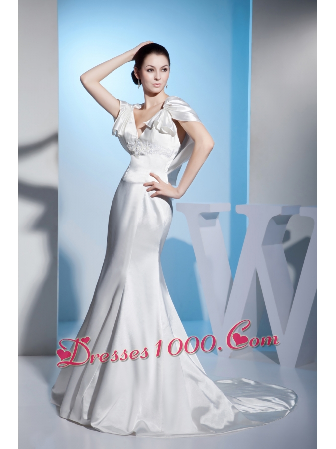 Beading Mermaid V-neck Brush Train Wedding Dress with Zipper up