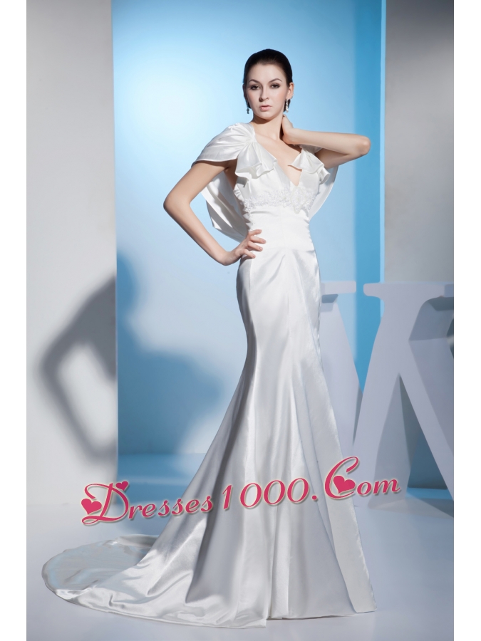 Beading Mermaid V-neck Brush Train Wedding Dress with Zipper up