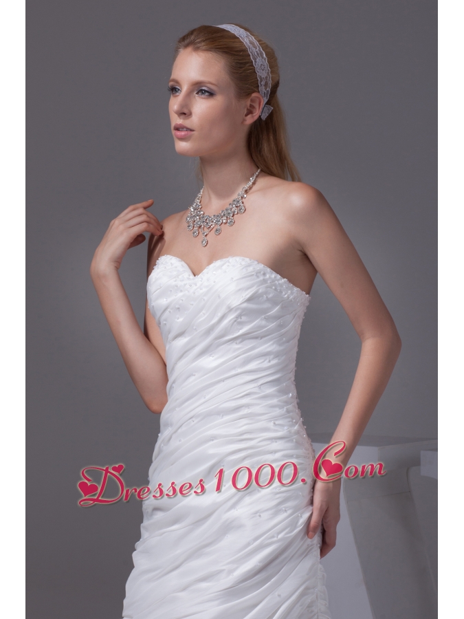 Beading Ruching Sweetheart Brush Train Wedding Dress
