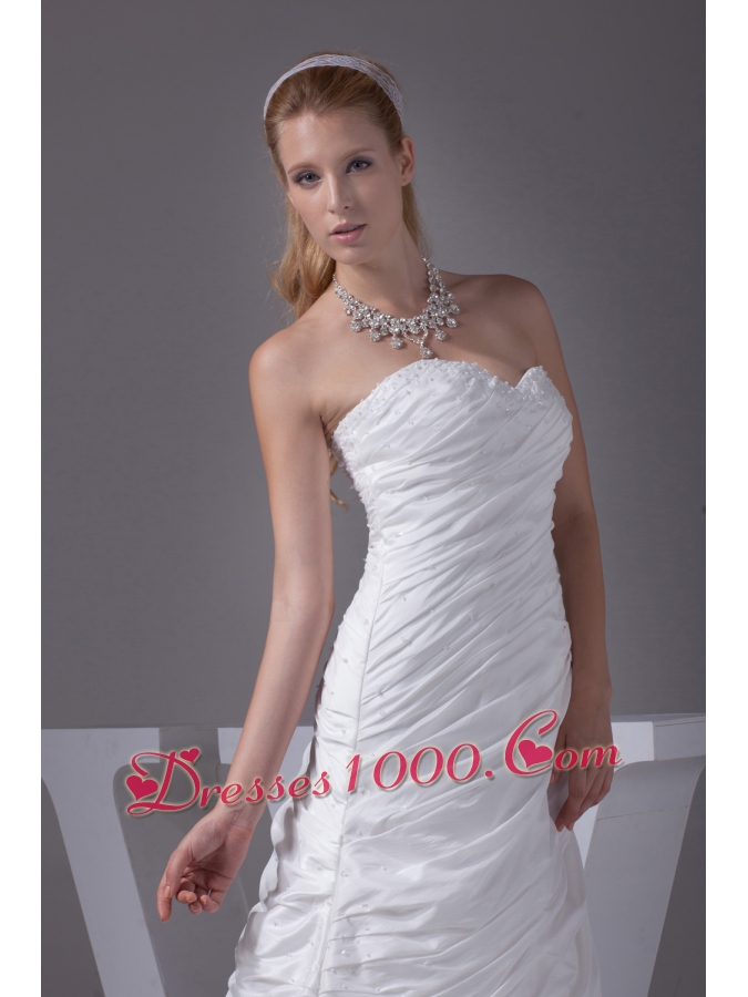 Beading Ruching Sweetheart Brush Train Wedding Dress