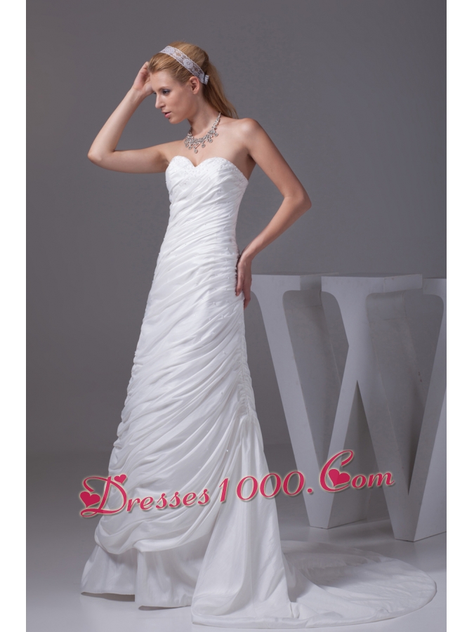 Beading Ruching Sweetheart Brush Train Wedding Dress
