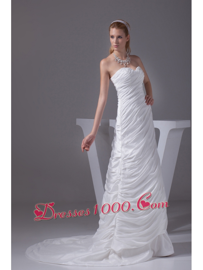 Beading Ruching Sweetheart Brush Train Wedding Dress