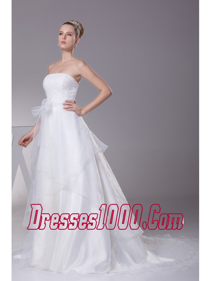 Beading Strapless Court Train A-Line Wedding Dress with Zipper-up