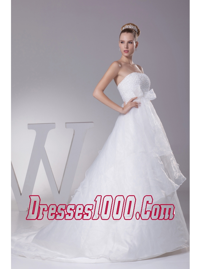 Beading Strapless Court Train A-Line Wedding Dress with Zipper-up