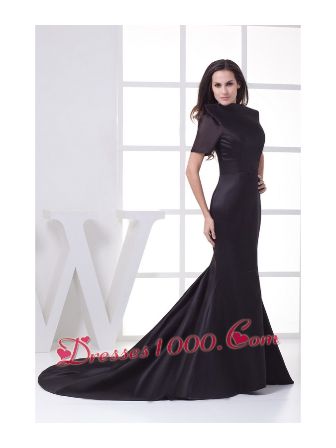 Black High-neck Short Sleeves Mermaid Chapel Train Mother of the Bride Dress