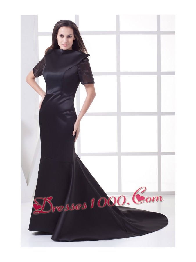 Black High-neck Short Sleeves Mermaid Chapel Train Mother of the Bride Dress