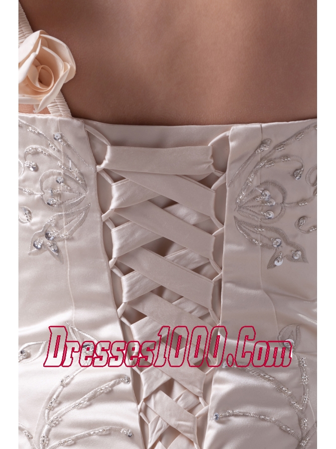 Champagne One Shoulder Hand Made Flowers Embroidery Wedding Dress