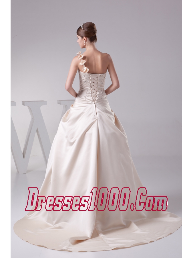 Champagne One Shoulder Hand Made Flowers Embroidery Wedding Dress