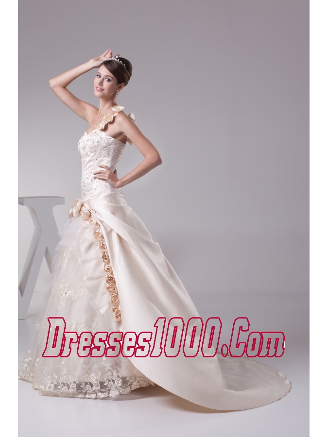 Champagne One Shoulder Hand Made Flowers Embroidery Wedding Dress