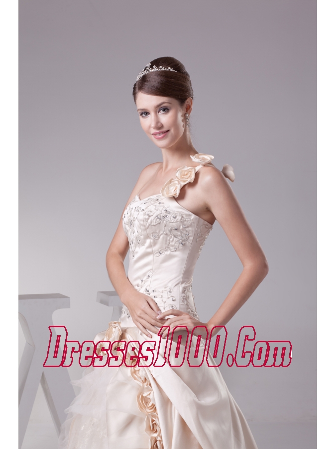 Champagne One Shoulder Hand Made Flowers Embroidery Wedding Dress