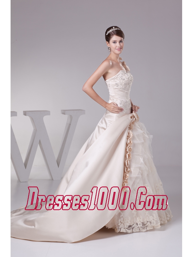 Champagne One Shoulder Hand Made Flowers Embroidery Wedding Dress
