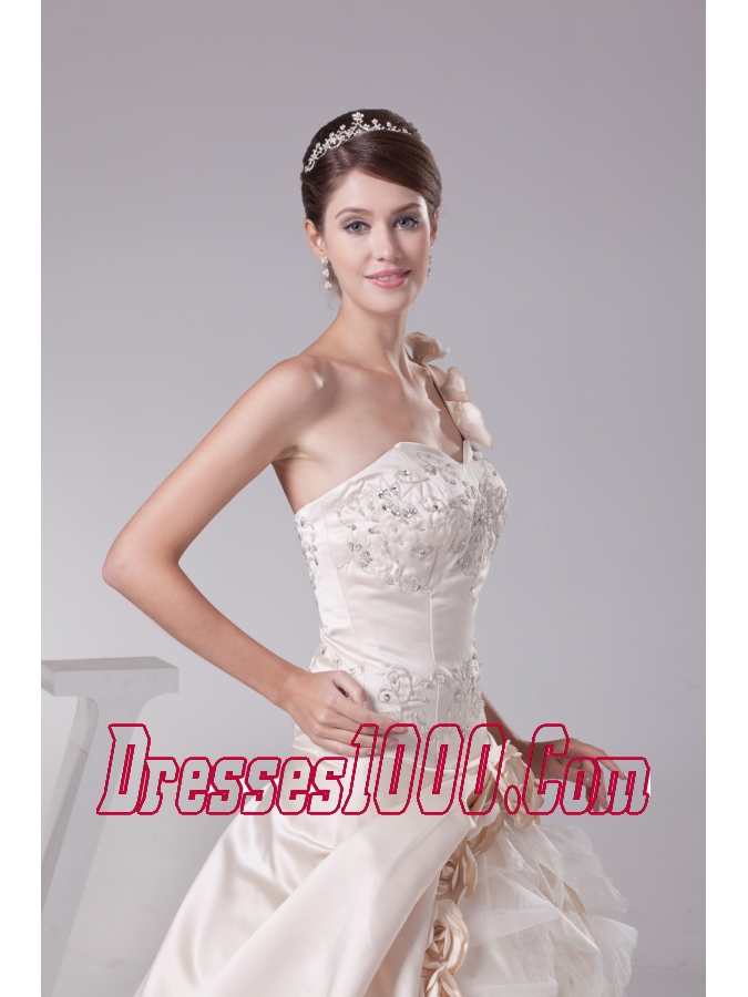 Champagne One Shoulder Hand Made Flowers Embroidery Wedding Dress