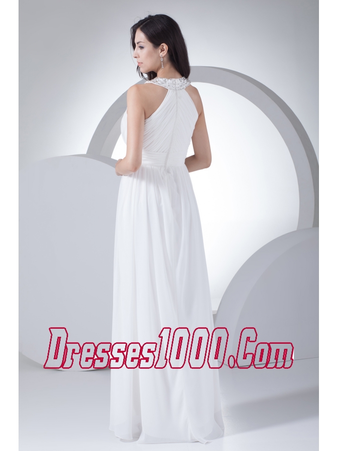 Column High-neck Ruching Beading Wedding Dress