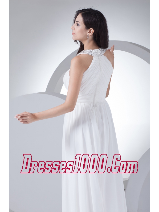 Column High-neck Ruching Beading Wedding Dress