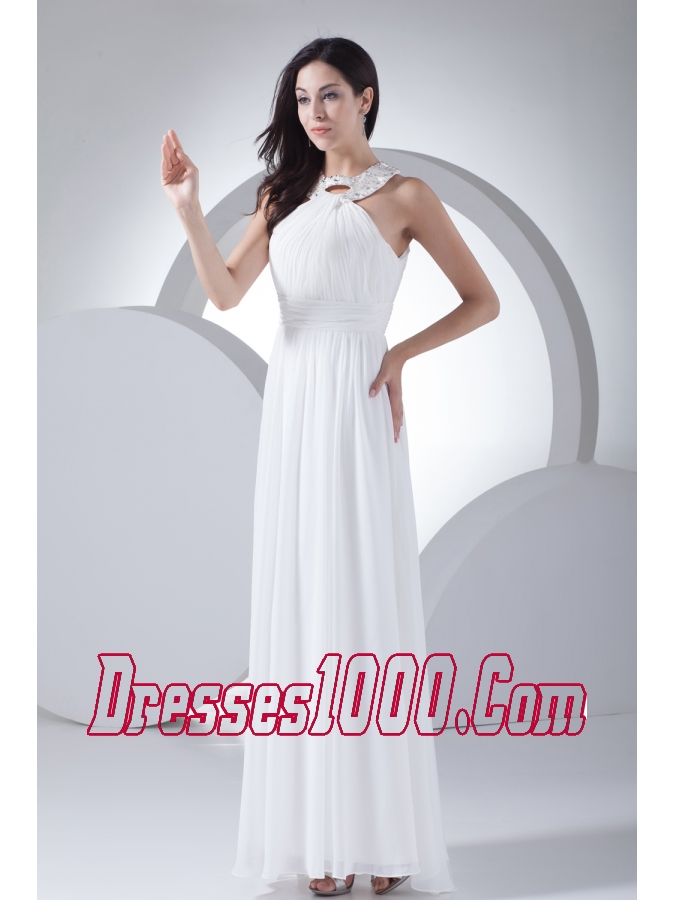 Column High-neck Ruching Beading Wedding Dress