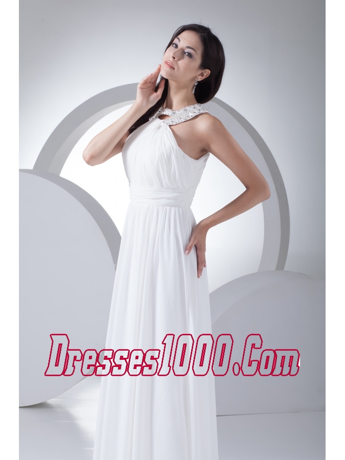 Column High-neck Ruching Beading Wedding Dress