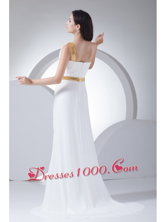 Column One Shoulder Ruching Sequins Wedding Dress