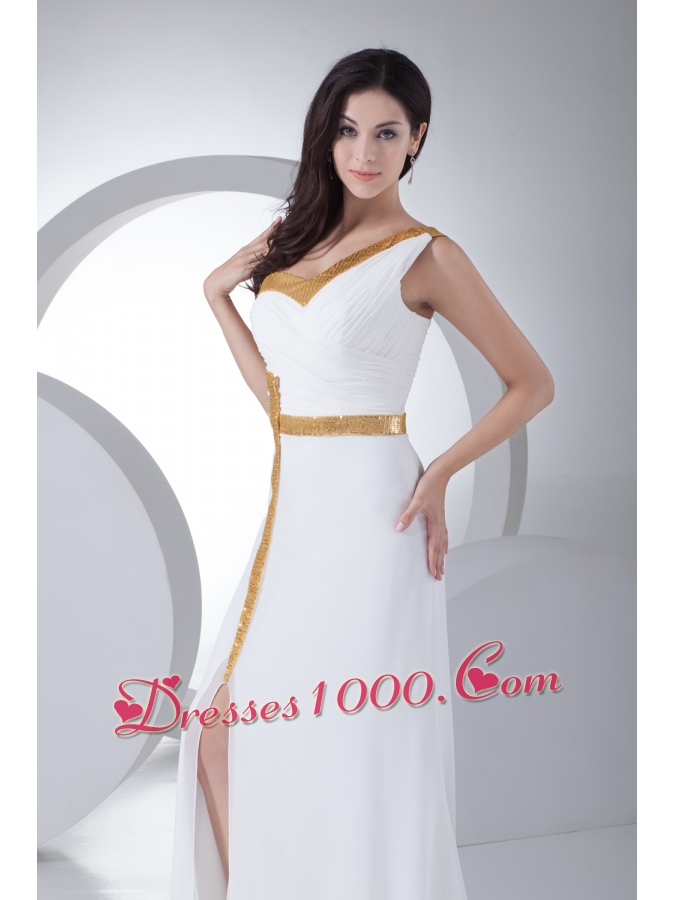 Column One Shoulder Ruching Sequins Wedding Dress