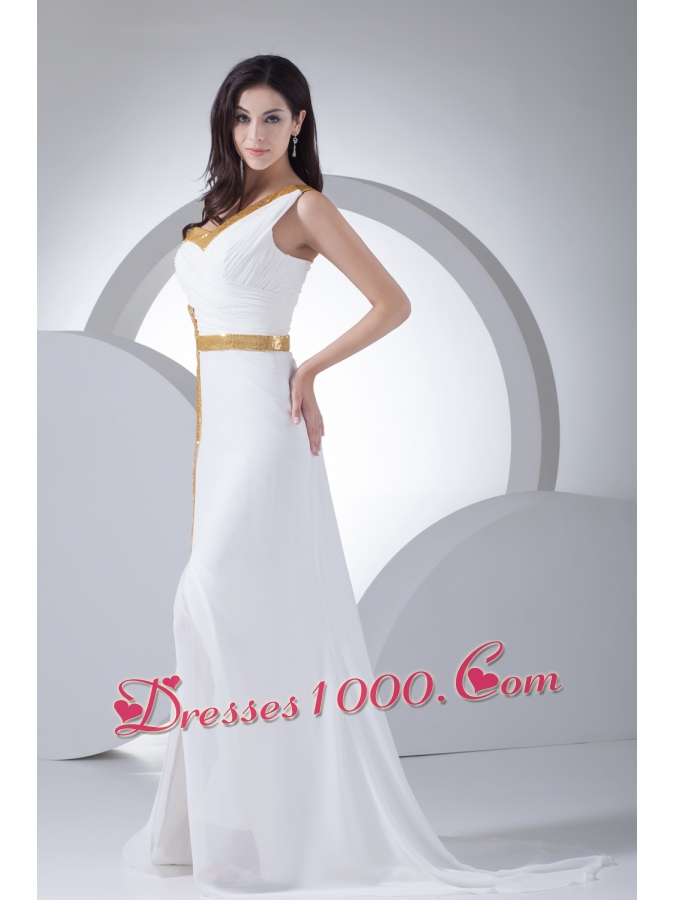 Column One Shoulder Ruching Sequins Wedding Dress