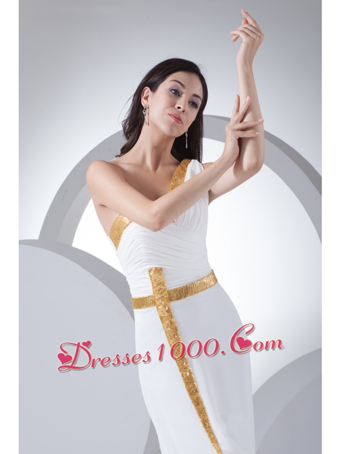 Column One Shoulder Ruching Sequins Wedding Dress