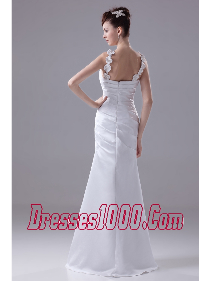 Column Straps Hand Made Flower Ruching Wedding Dress