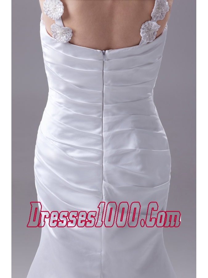 Column Straps Hand Made Flower Ruching Wedding Dress