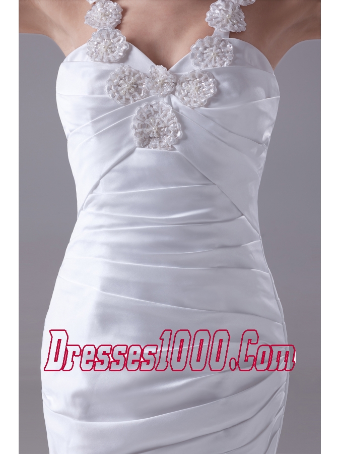 Column Straps Hand Made Flower Ruching Wedding Dress