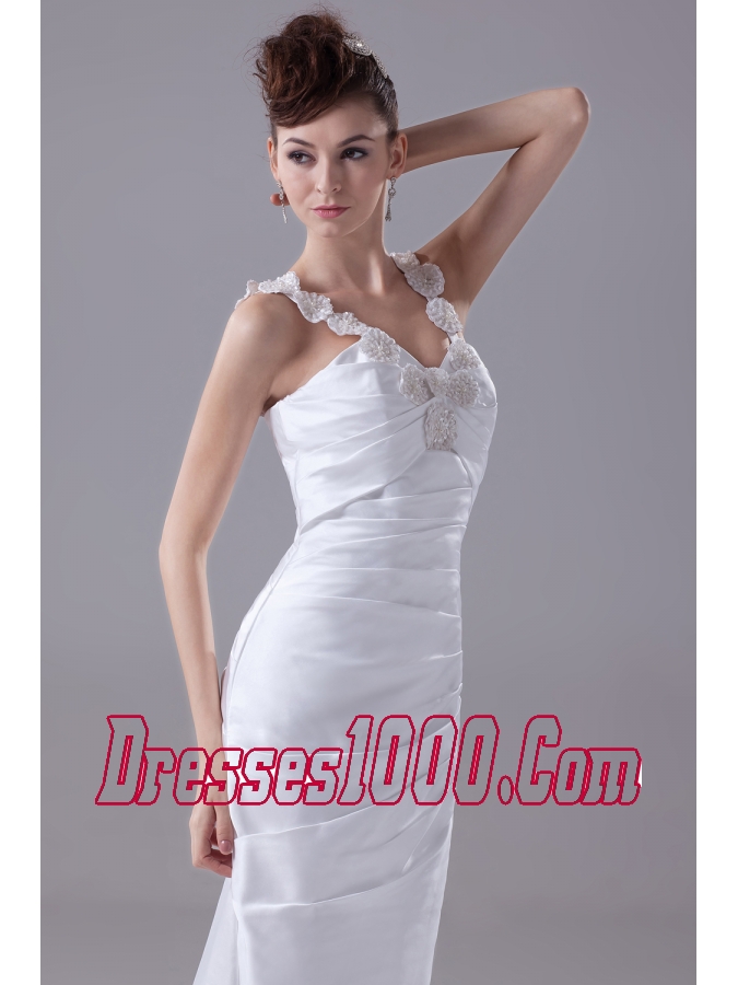 Column Straps Hand Made Flower Ruching Wedding Dress