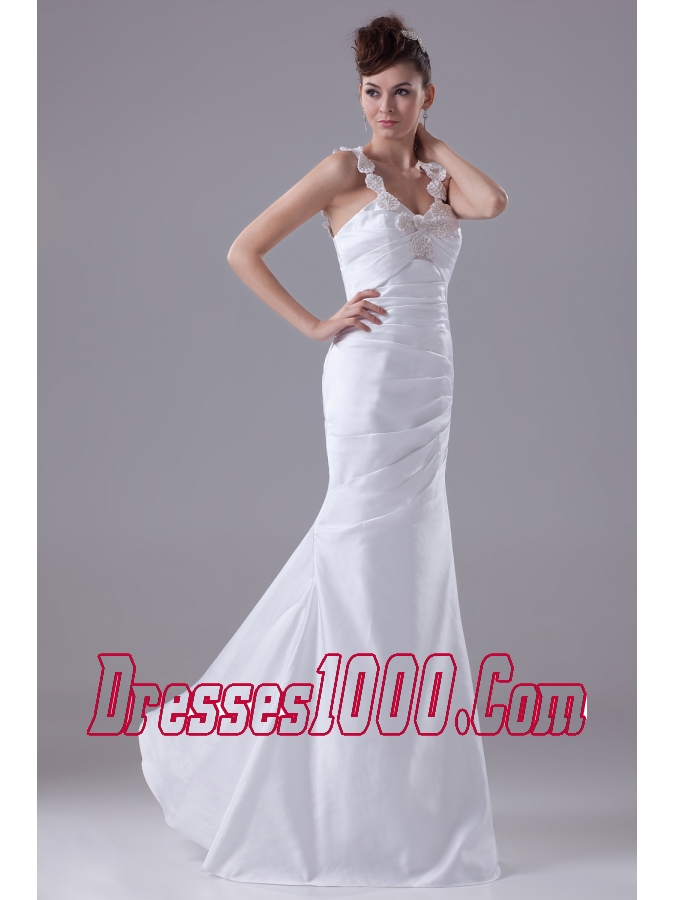 Column Straps Hand Made Flower Ruching Wedding Dress