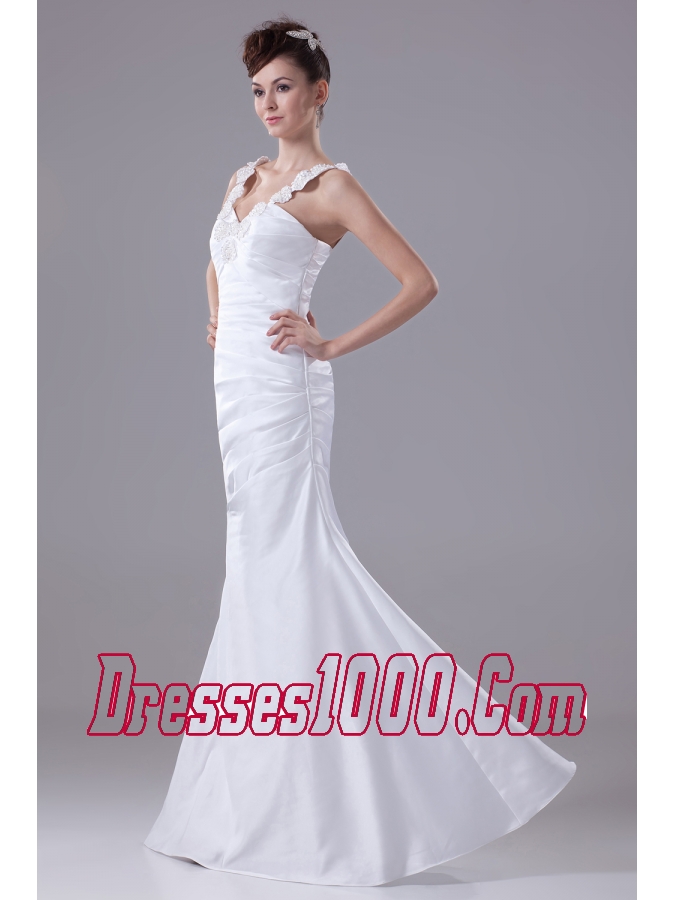 Column Straps Hand Made Flower Ruching Wedding Dress