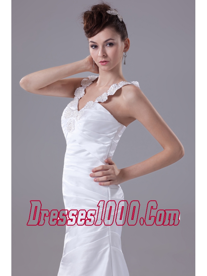 Column Straps Hand Made Flower Ruching Wedding Dress