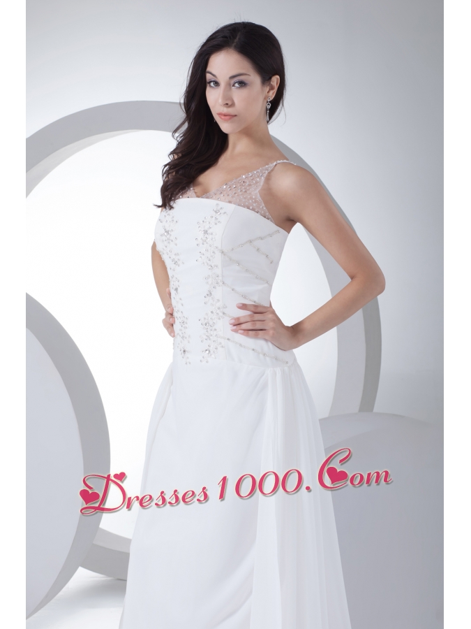 Column V-neck Appliques Chiffon Wedding Dress