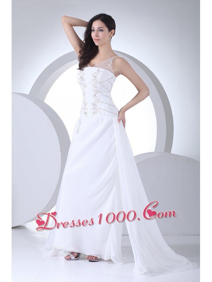 Column V-neck Appliques Chiffon Wedding Dress