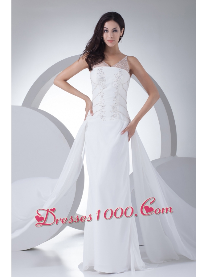Column V-neck Appliques Chiffon Wedding Dress