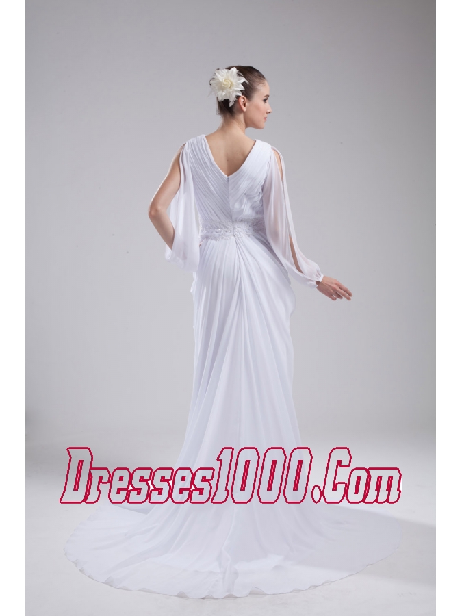 Column V-neck Ruching Long Sleeves Wedding Dress