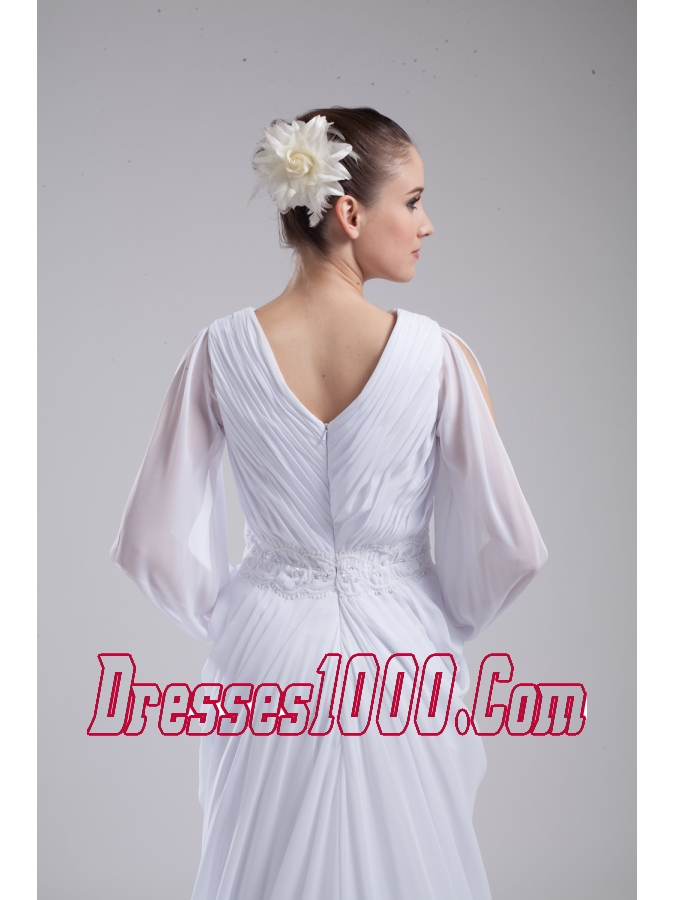 Column V-neck Ruching Long Sleeves Wedding Dress