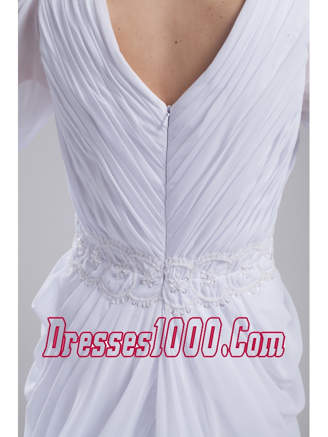 Column V-neck Ruching Long Sleeves Wedding Dress