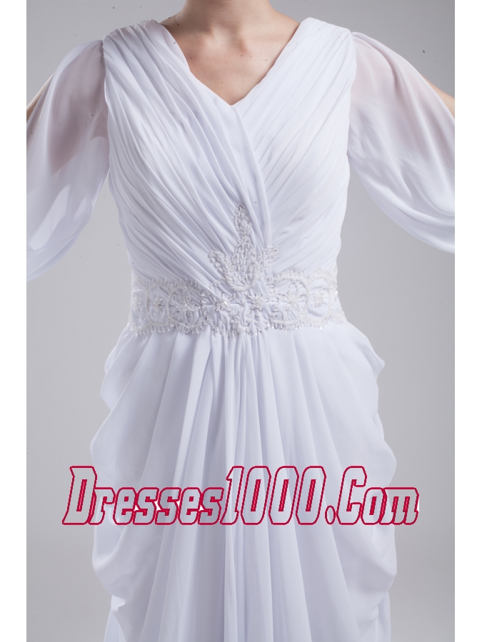 Column V-neck Ruching Long Sleeves Wedding Dress