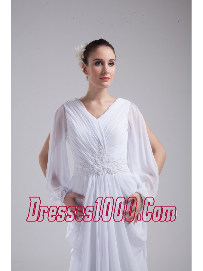Column V-neck Ruching Long Sleeves Wedding Dress