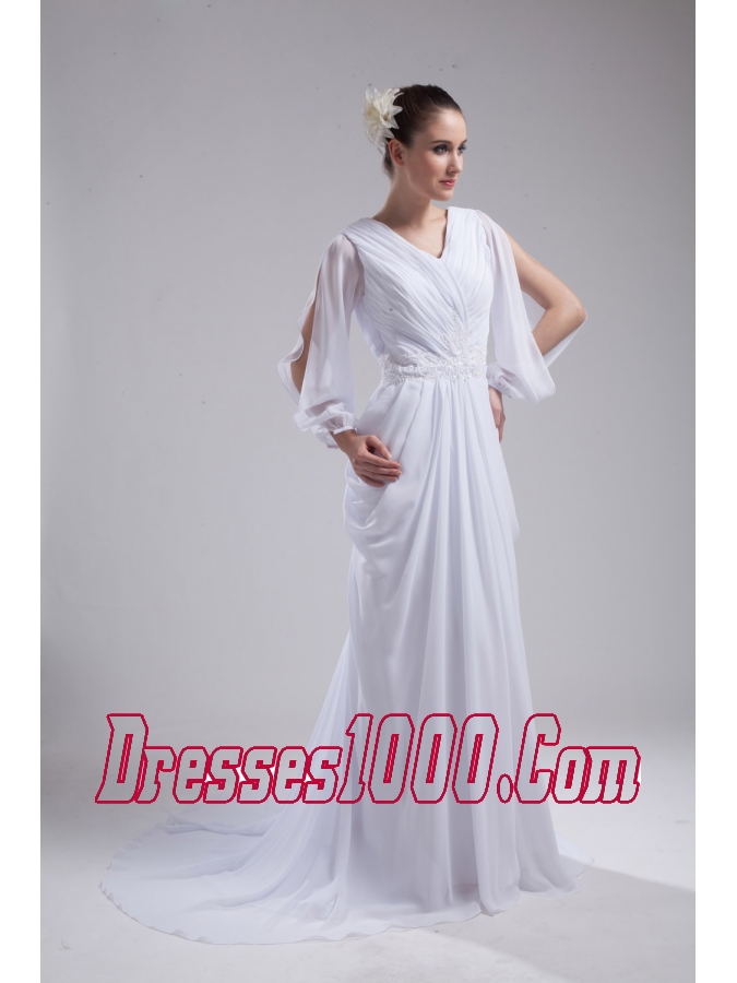 Column V-neck Ruching Long Sleeves Wedding Dress