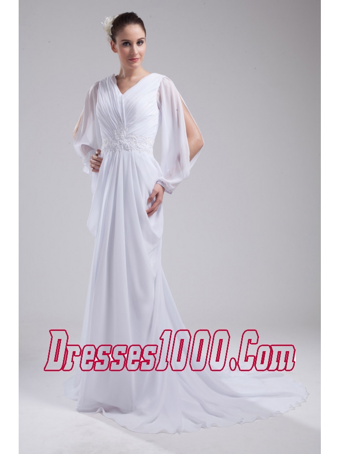 Column V-neck Ruching Long Sleeves Wedding Dress