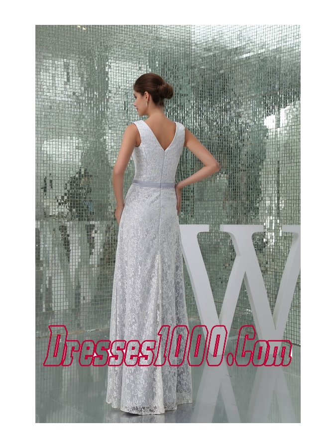 Column V-neck Sash Lace Long Wedding Dress