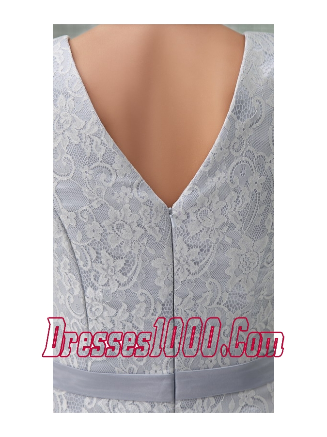 Column V-neck Sash Lace Long Wedding Dress