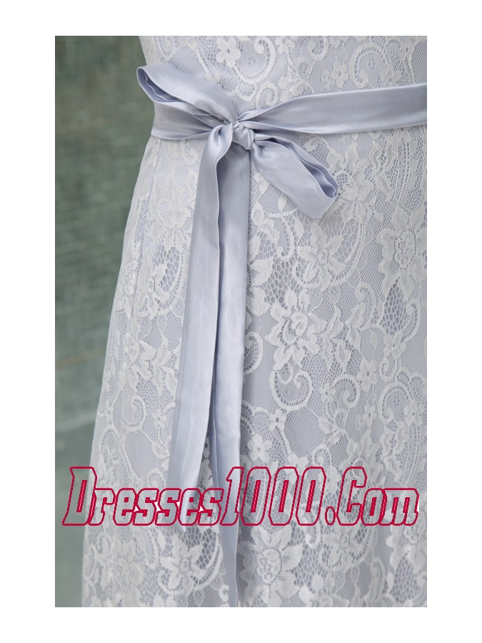 Column V-neck Sash Lace Long Wedding Dress