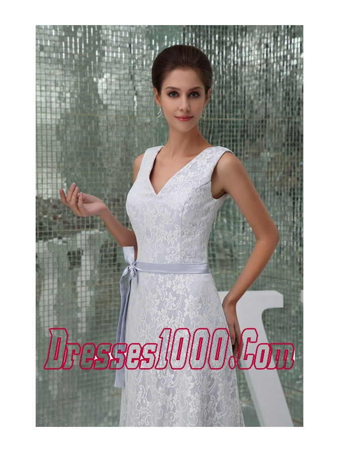 Column V-neck Sash Lace Long Wedding Dress