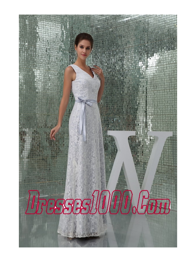 Column V-neck Sash Lace Long Wedding Dress