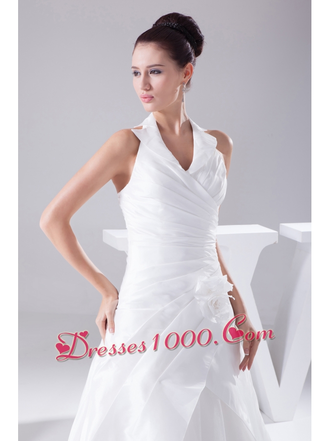 Court Train Ruching Halter A-Line Wedding Dress with Lace-up