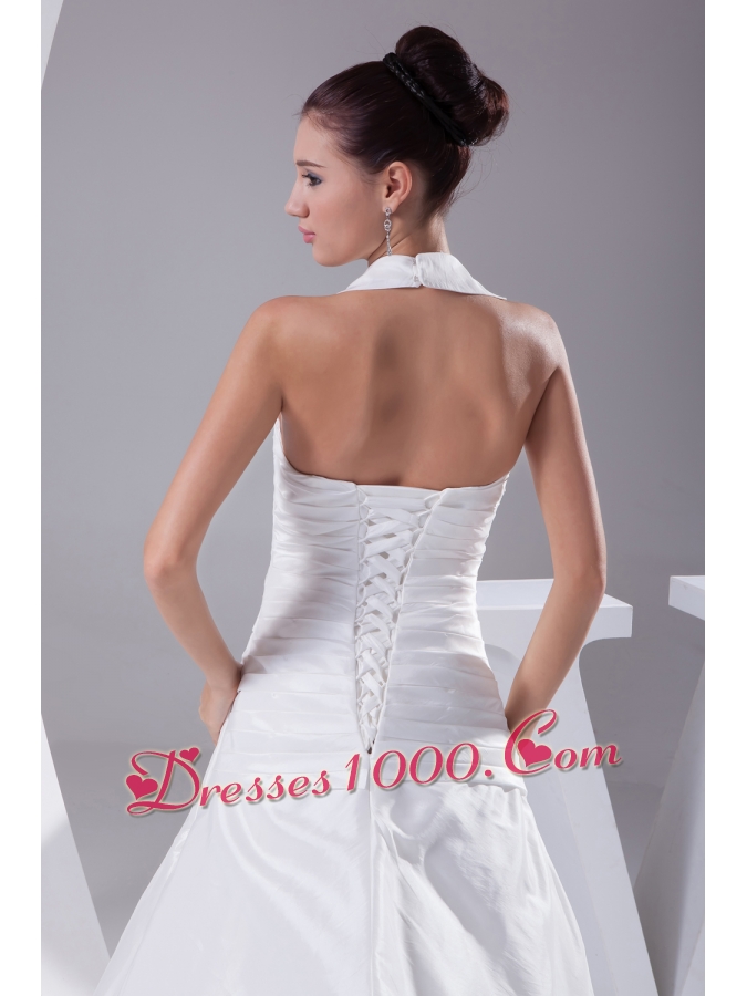 Court Train Ruching Halter A-Line Wedding Dress with Lace-up