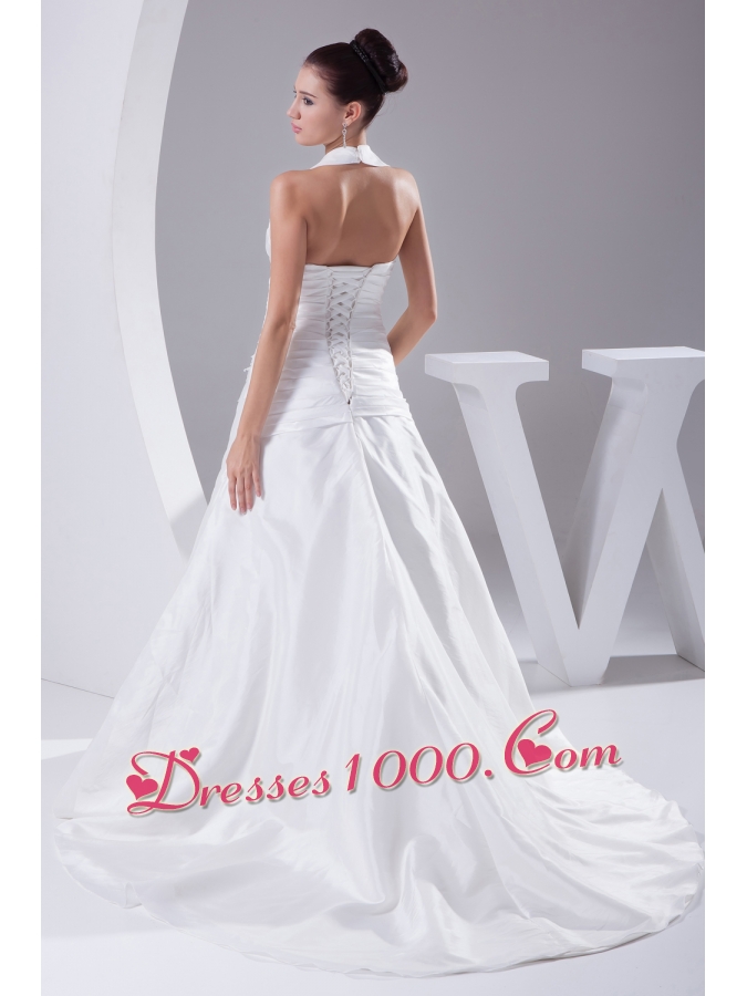 Court Train Ruching Halter A-Line Wedding Dress with Lace-up